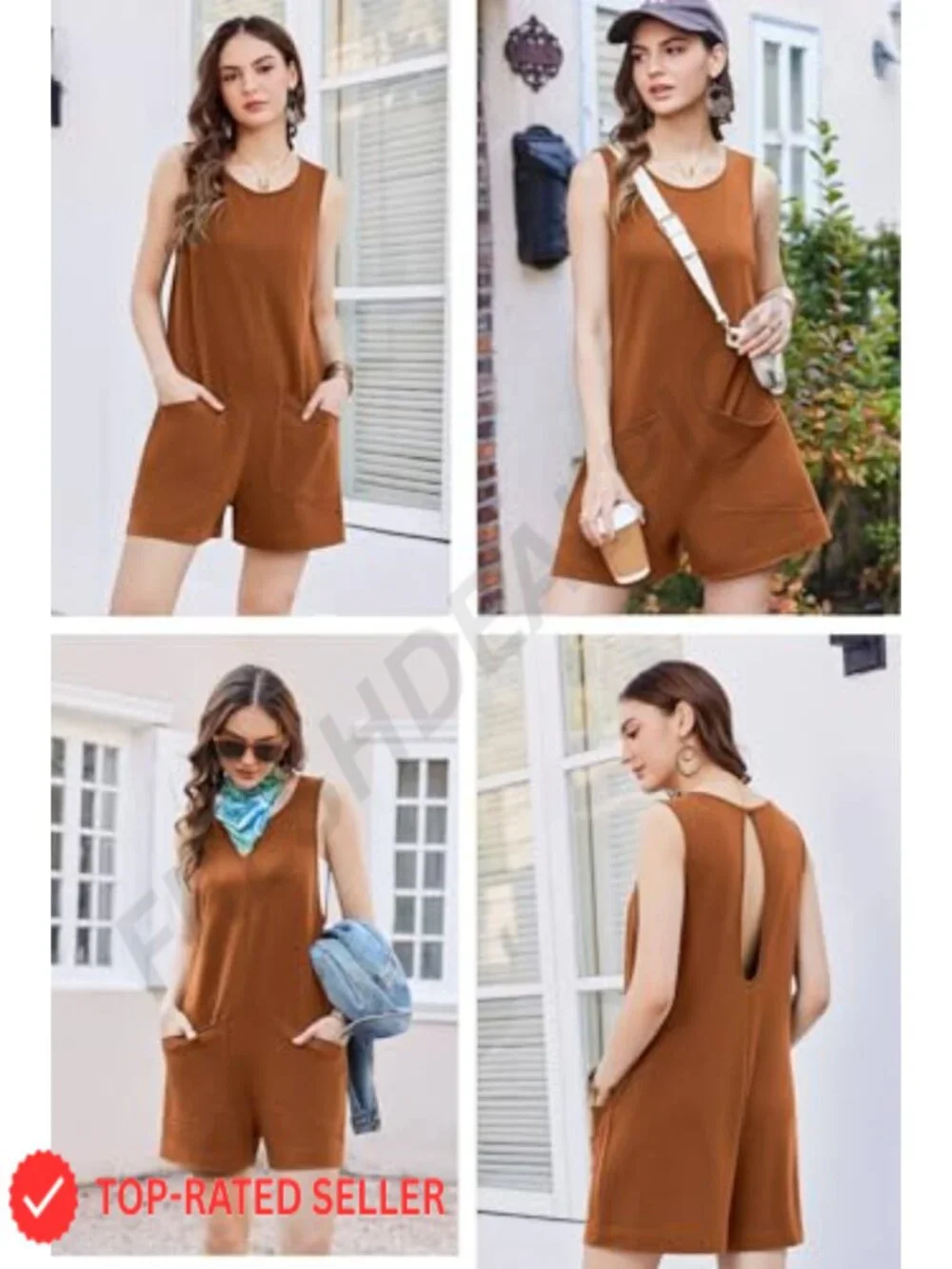Womens Sleeveless Romper Jumpsuit Casual Overall Shorts with Pocket Low Stretch